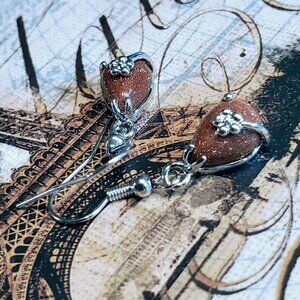 Handcrafted Little Teardrop Brown Goldstone Gemstone Platinum Plated Earrings